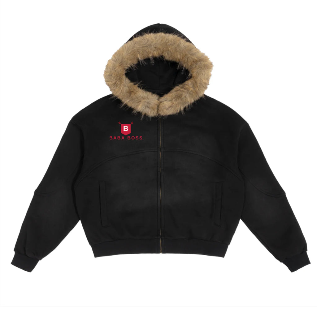 Gold Medallion Black Fur Hoodie Jacket