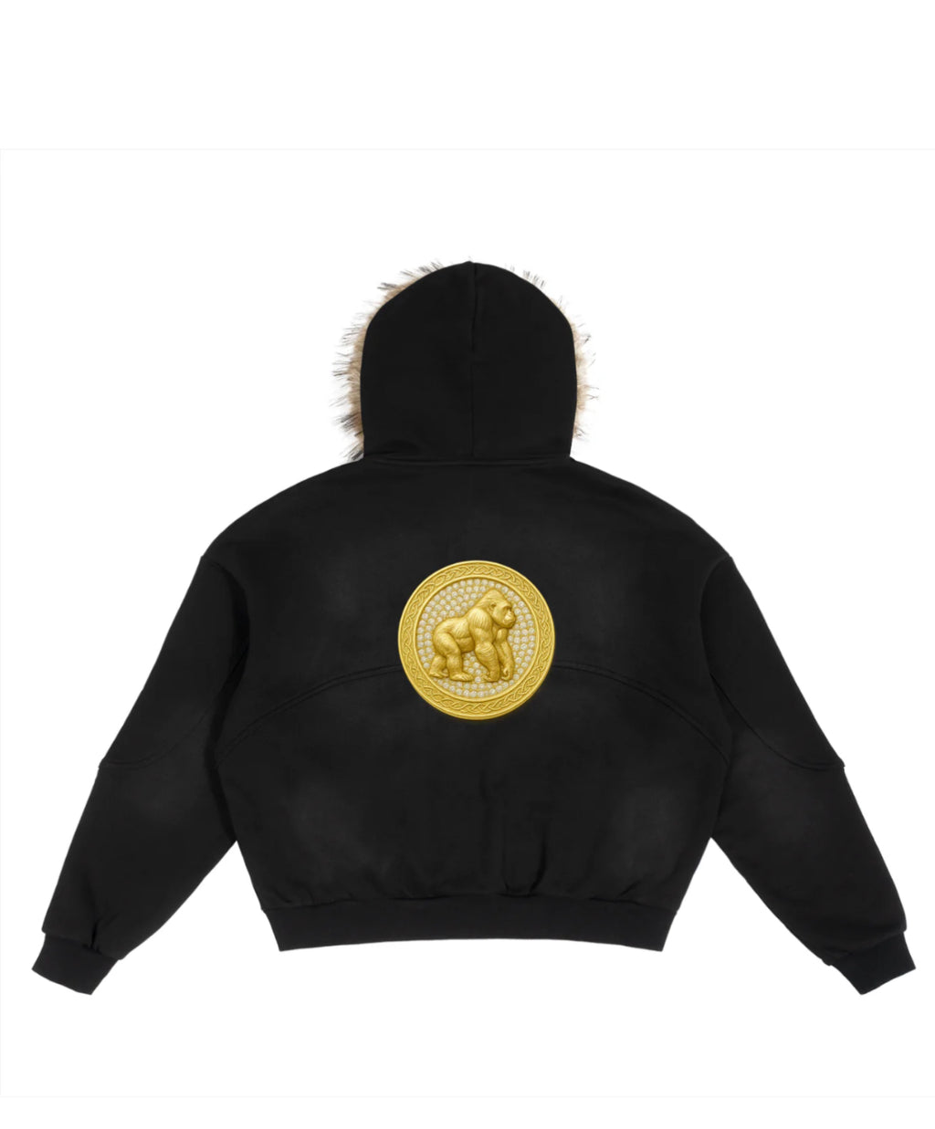 Gold Medallion Black Fur Hoodie Jacket