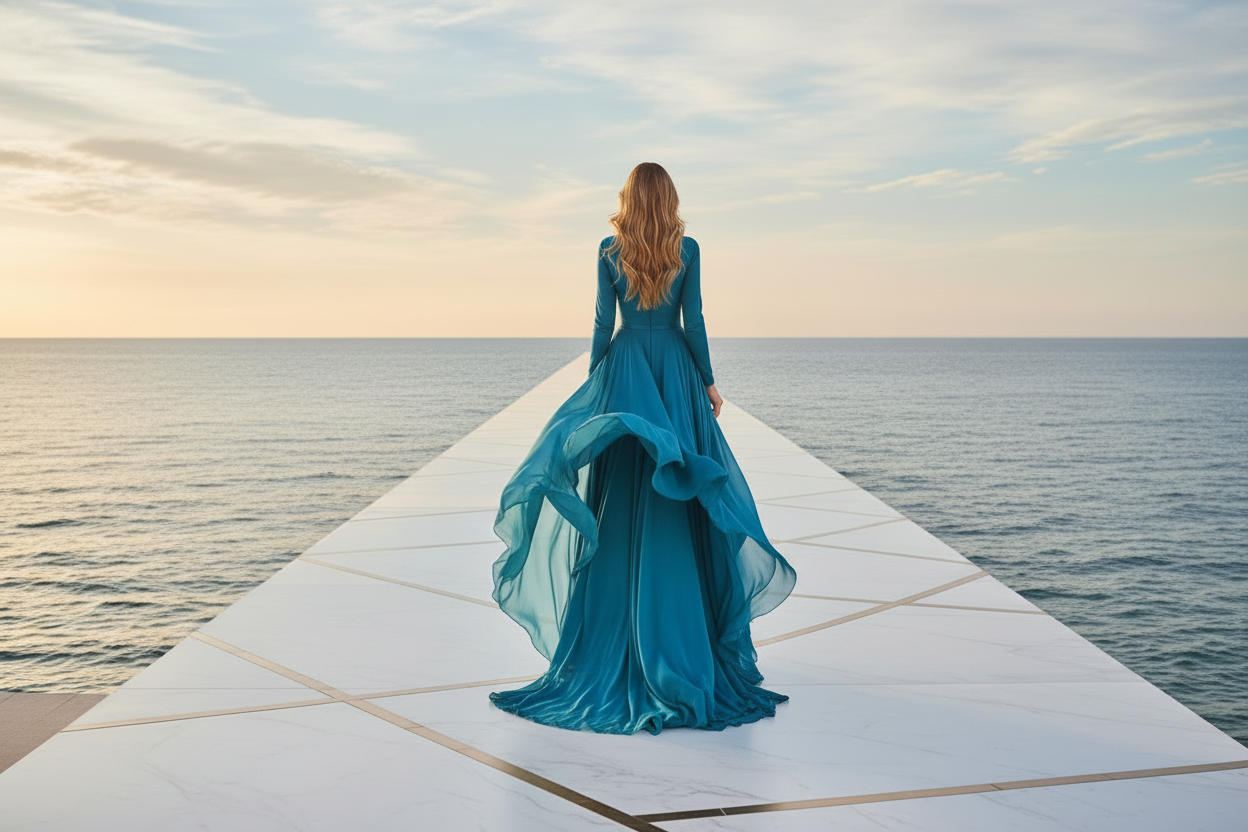 run way model walking away from ocean view wearing blue dress with blonde hair marble ground